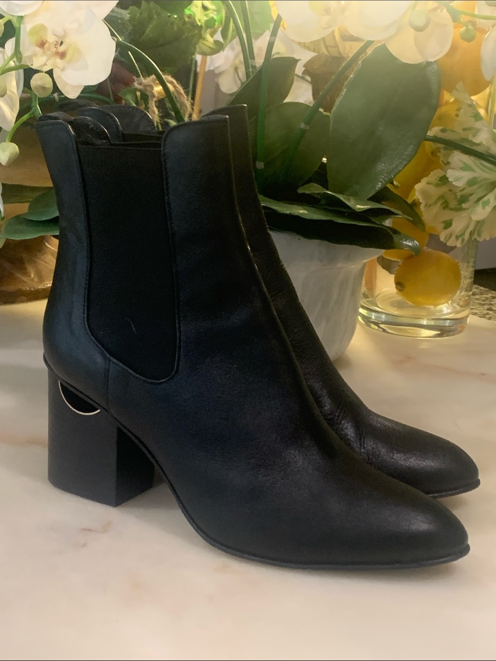 Napoleoni Boots Black Leather Ankle Boots
Gold Heel Accent Heels 41